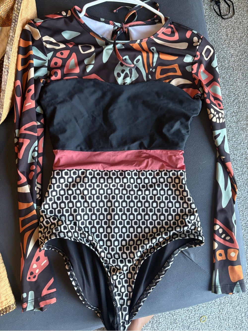 Seea Black One-Piece Swimsuit with Coral, Teal & Orange Pattern